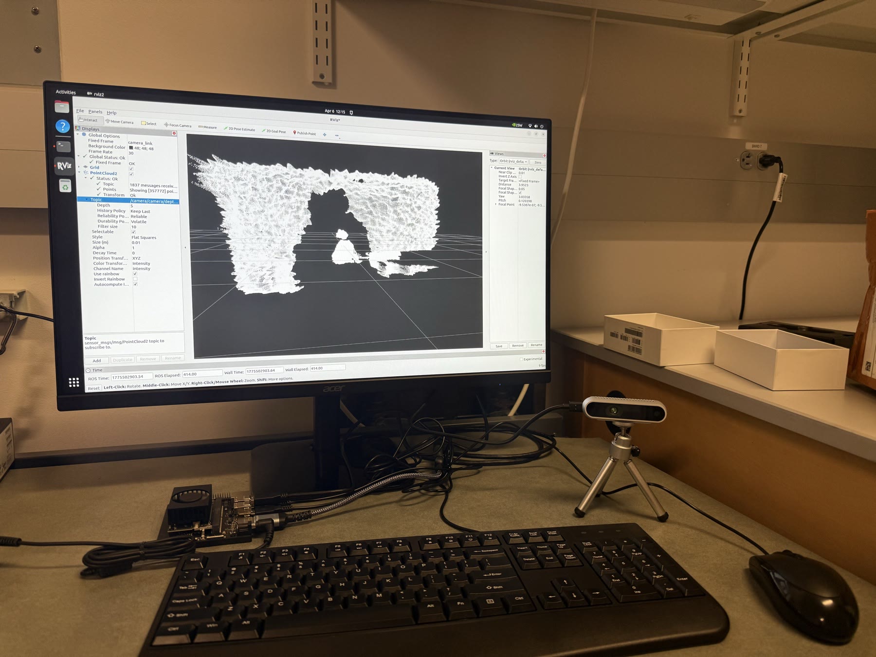 YuCCA Lab depth-camera workspace displaying a point cloud in RViz